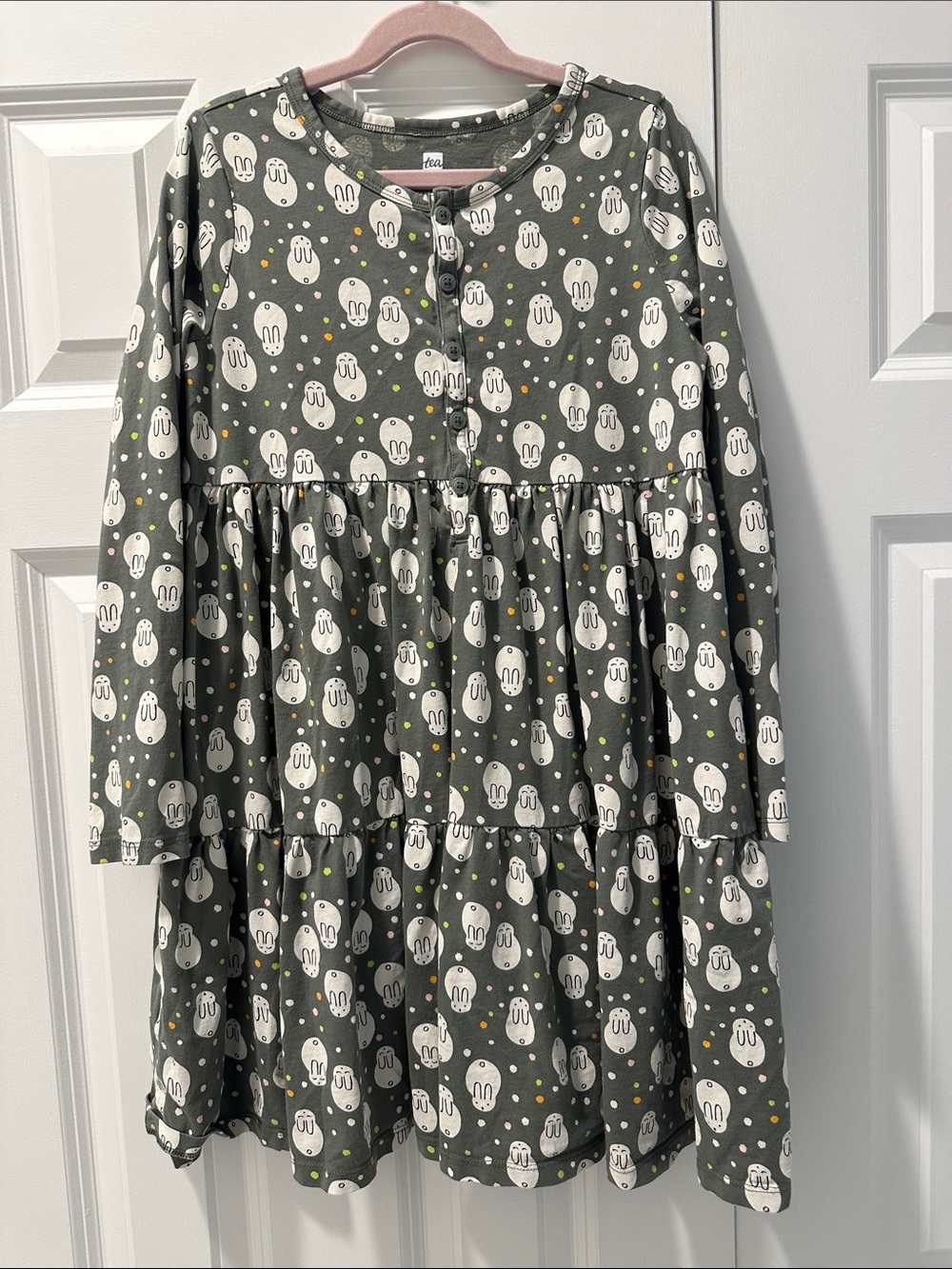 Gray Bunny Print Tiered Long Sleeve Dress